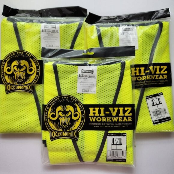 3 OccuNomix Mens Class 2 Mesh Single Stripe Safety Vest, Neon Yellow 2/3X - Picture 1 of 8